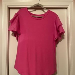 Women’s cotton Pink Ribbed Top with Frilly Sleeves